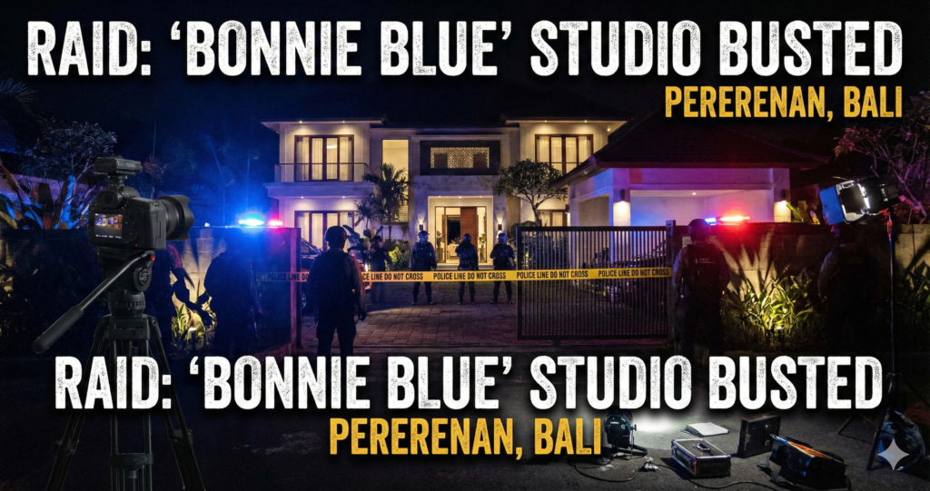Bonnie Blue Bali, penggerebekan vila Pererenan, kasus pornografi Bali, studio film dewasa Bali, Berita Seksual, kriminalitas warga asing Bali, UU Pornografi.